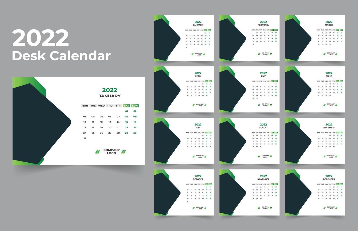 Desk Calendar template. The week start Monday on Sunday. Set of 12 Month. vector