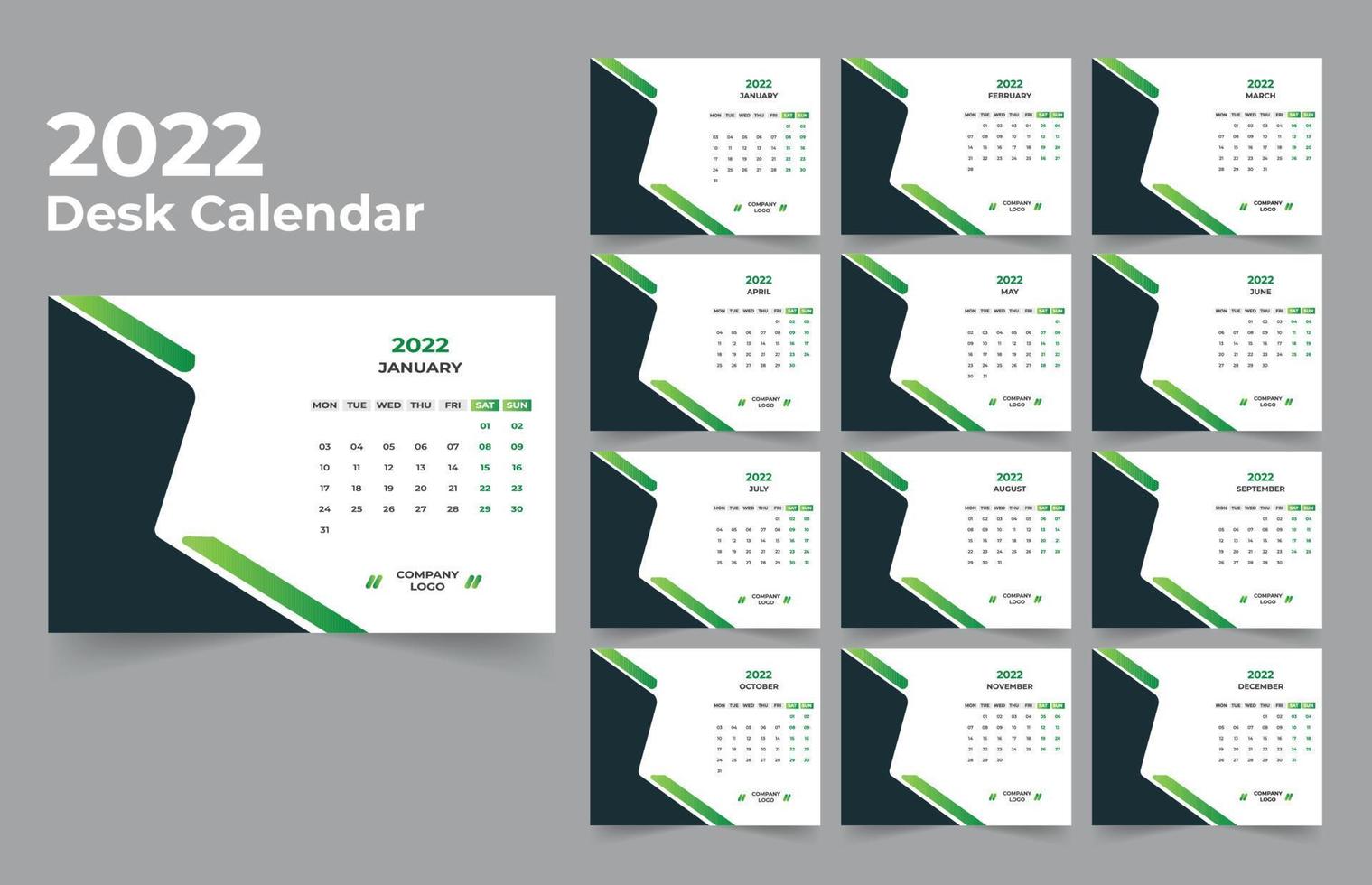 plantilla de calendario de escritorio. la semana comienza el lunes el domingo. juego de 12 meses. vector