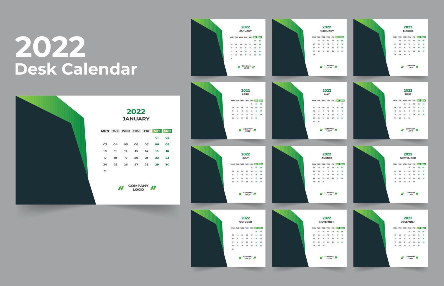 Desk Calendar template. The week start Monday on Sunday. Set of 12 Month. vector