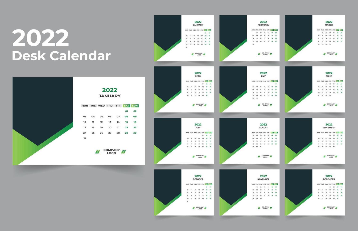 plantilla de calendario de escritorio. la semana comienza el lunes el domingo. juego de 12 meses. vector