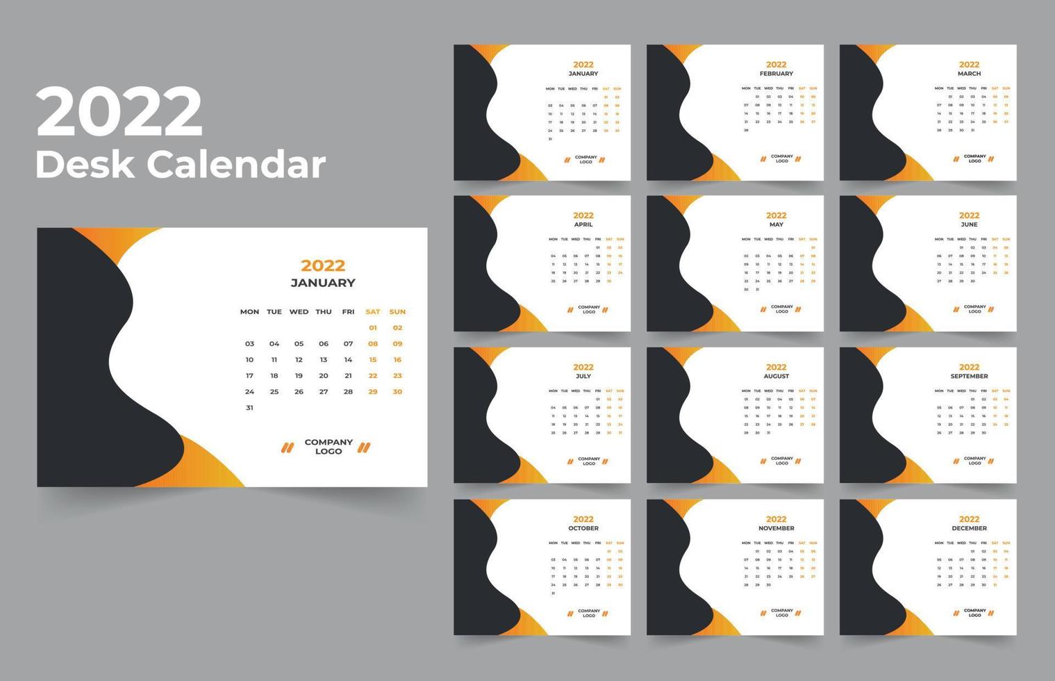 Desk Calendar template. The week start Monday on Sunday. Set of 12 Month. vector