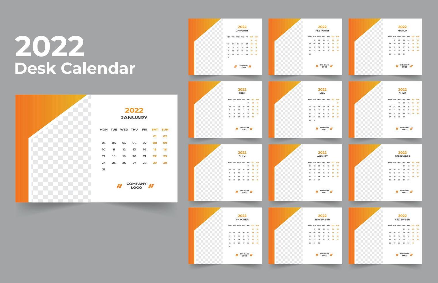 plantilla de calendario de escritorio. la semana comienza el lunes el domingo. juego de 12 meses. vector