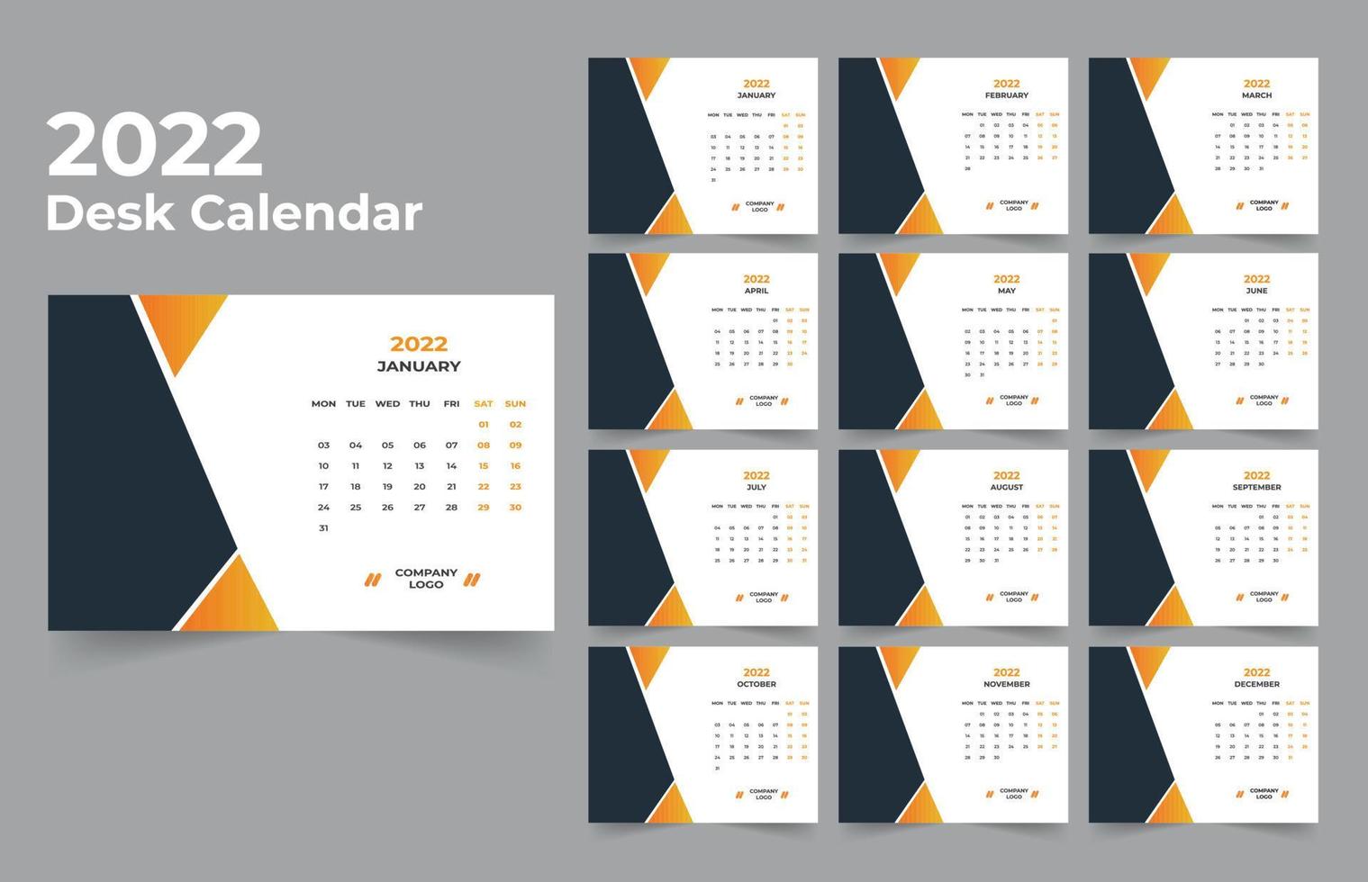 plantilla de calendario de escritorio. la semana comienza el lunes el domingo. juego de 12 meses. vector