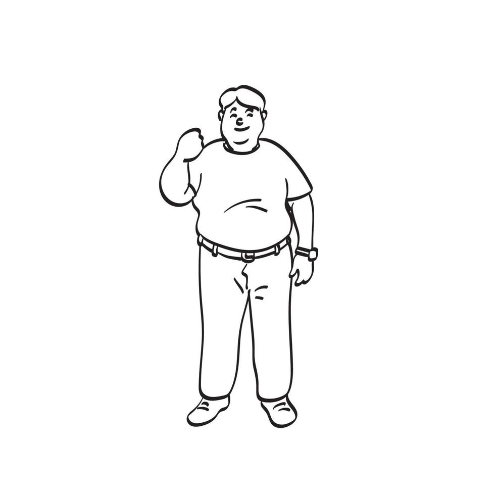 Printline art smiling fat man arm raising up showing power strong illustration vector hand drawn isolated on white background