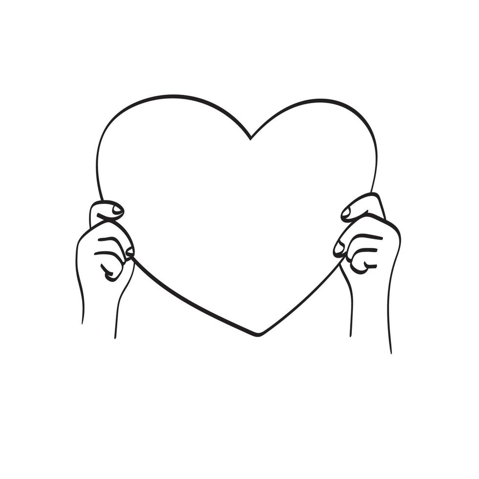 line art closeup hand holding big heart sign illustration vector hand drawn isolated on white background