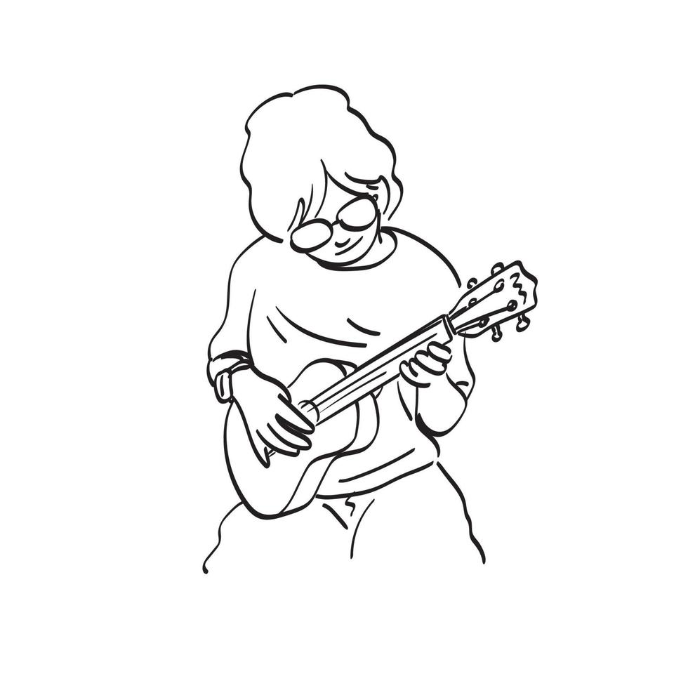 Niño de arte de línea con gafas tocando ukelele ilustración vector dibujado a mano aislado sobre fondo blanco