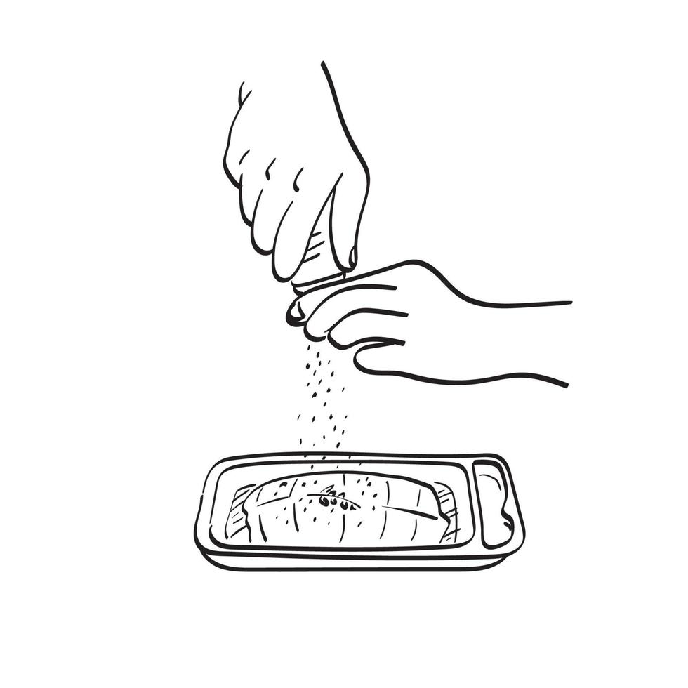 primer plano mano sosteniendo salero en calmon bistec ilustración vector dibujado a mano aislado sobre fondo blanco arte lineal.