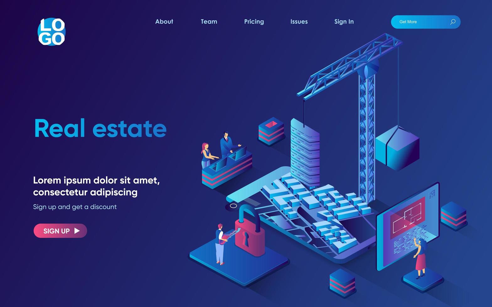 Real estate concept isometric landing page. Construction company building new houses for selling, sale of apartments, 3d web banner template. Vector illustration with people scene in flat design