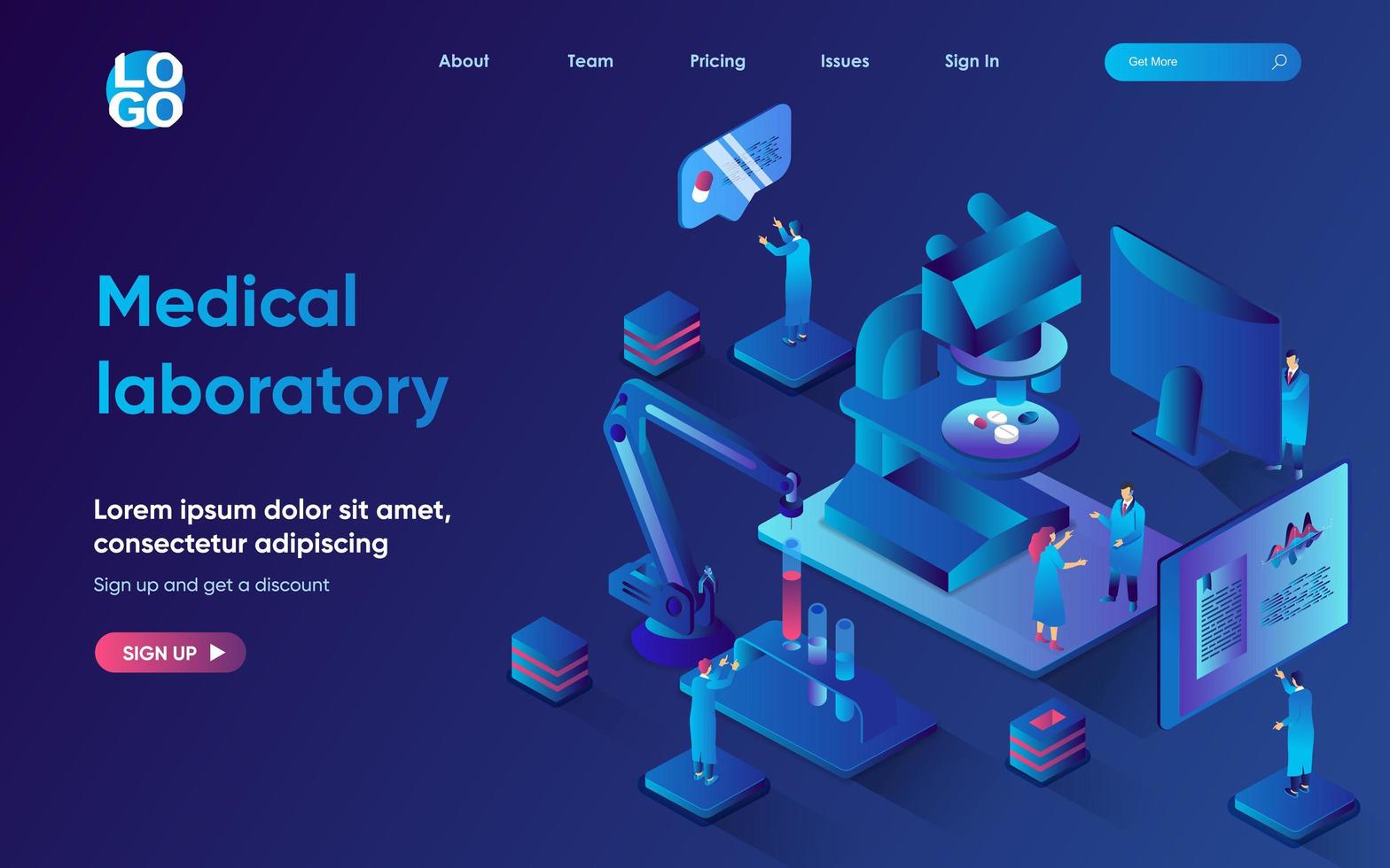 Medical laboratory concept isometric landing page. Team of scientists develops medicines, does medical research in lab, 3d web banner template. Vector illustration with people scene in flat design