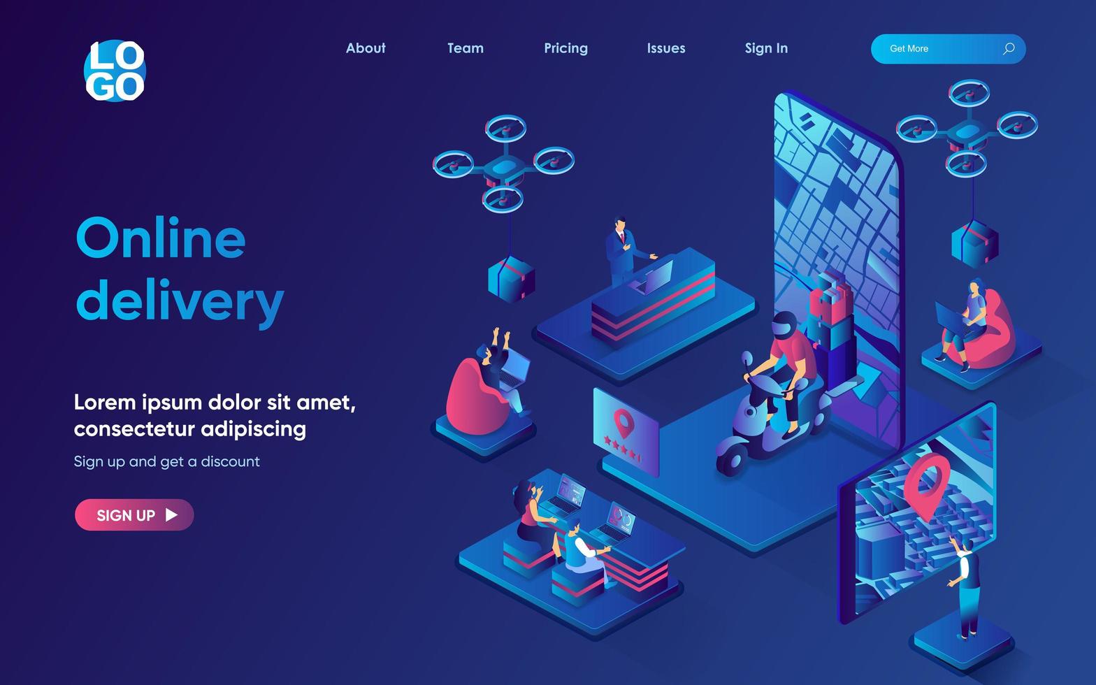 Online delivery concept isometric landing page. Fast shipping of orders by courier, flying drones with parcels in boxes, 3d web banner template. Vector illustration with people scene in flat design