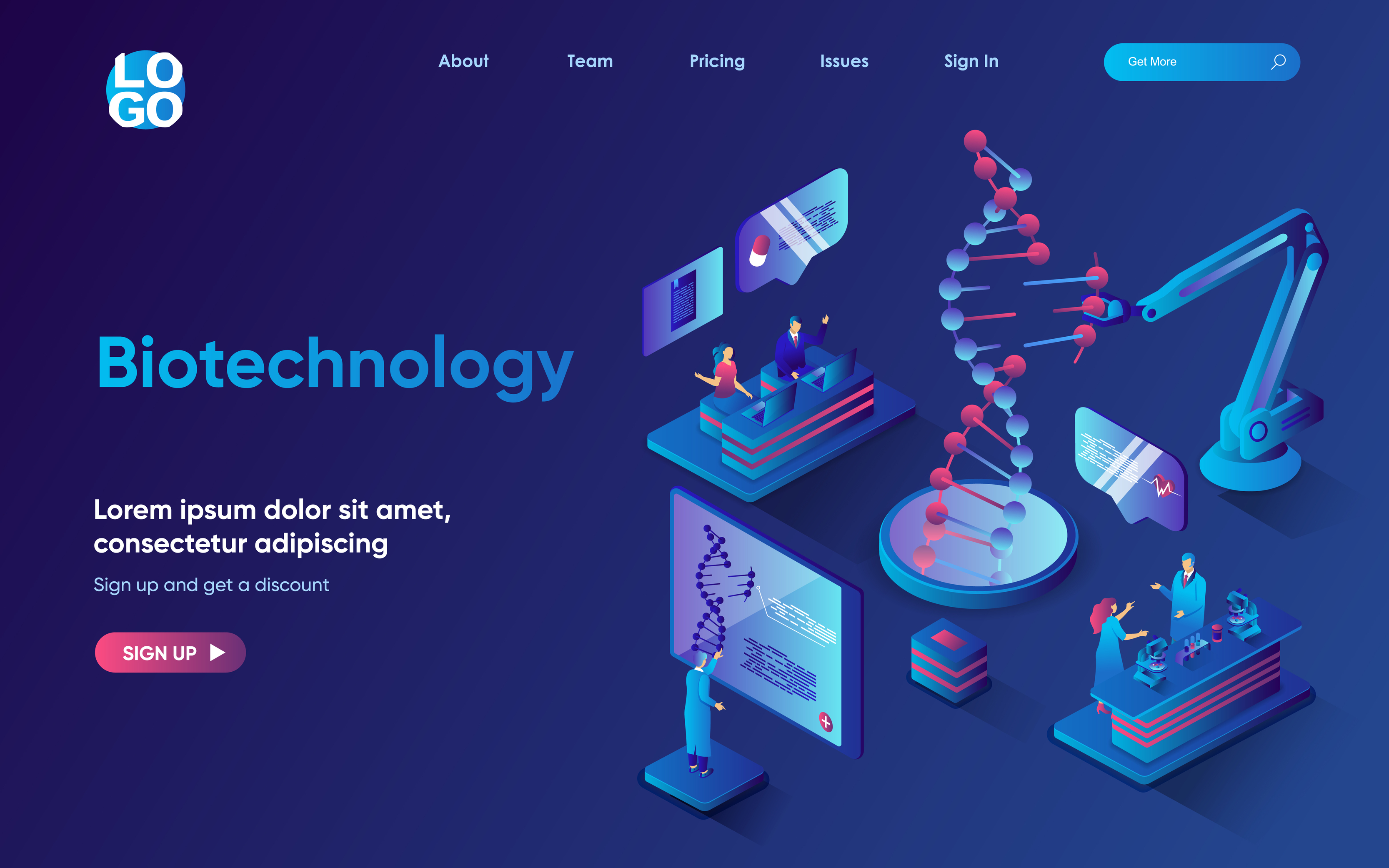 Biotechnology concept isometric landing page. Scientist team working