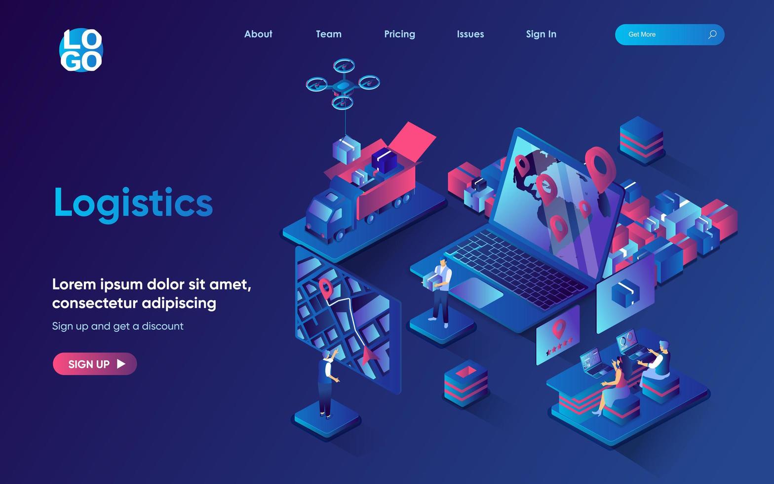 Logistics concept isometric landing page. Express delivery service at map, warehousing, distribution and global shipping 3d web banner template. Vector illustration with people scene in flat design