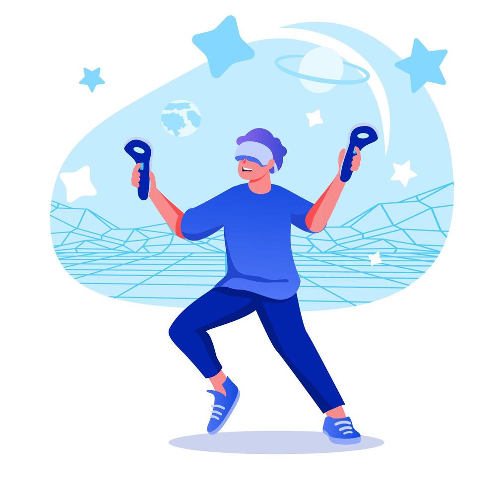 Virtual reality flat character concept for web design. Happy man in VR headset playing in augmented reality simulation, modern people scene. Vector illustration for social media promotional materials.
