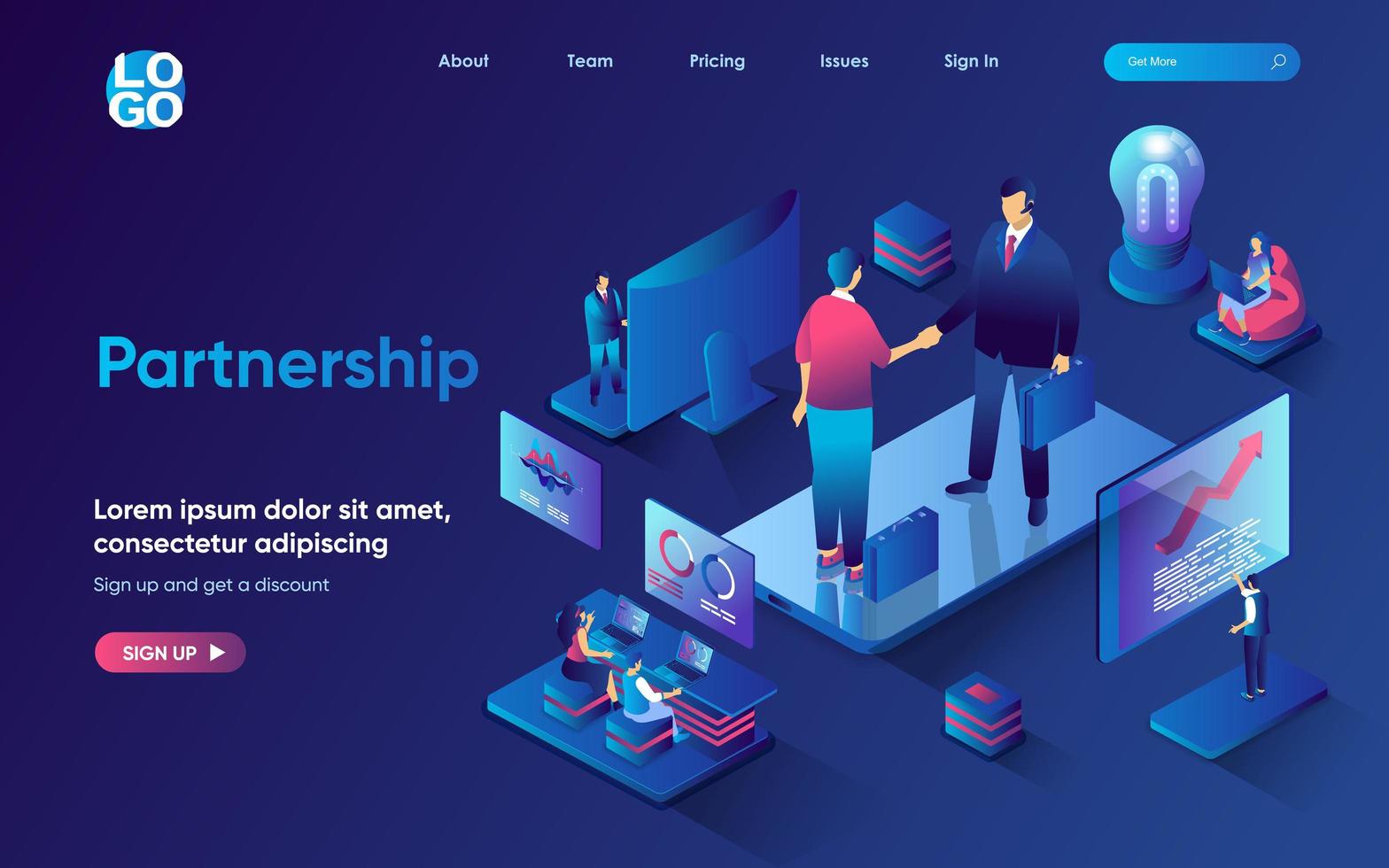 Partnership concept isometric landing page. Businessmen shake hands, conclude business deal and agreement of partners, 3d web banner template. Vector illustration with people scene in flat design