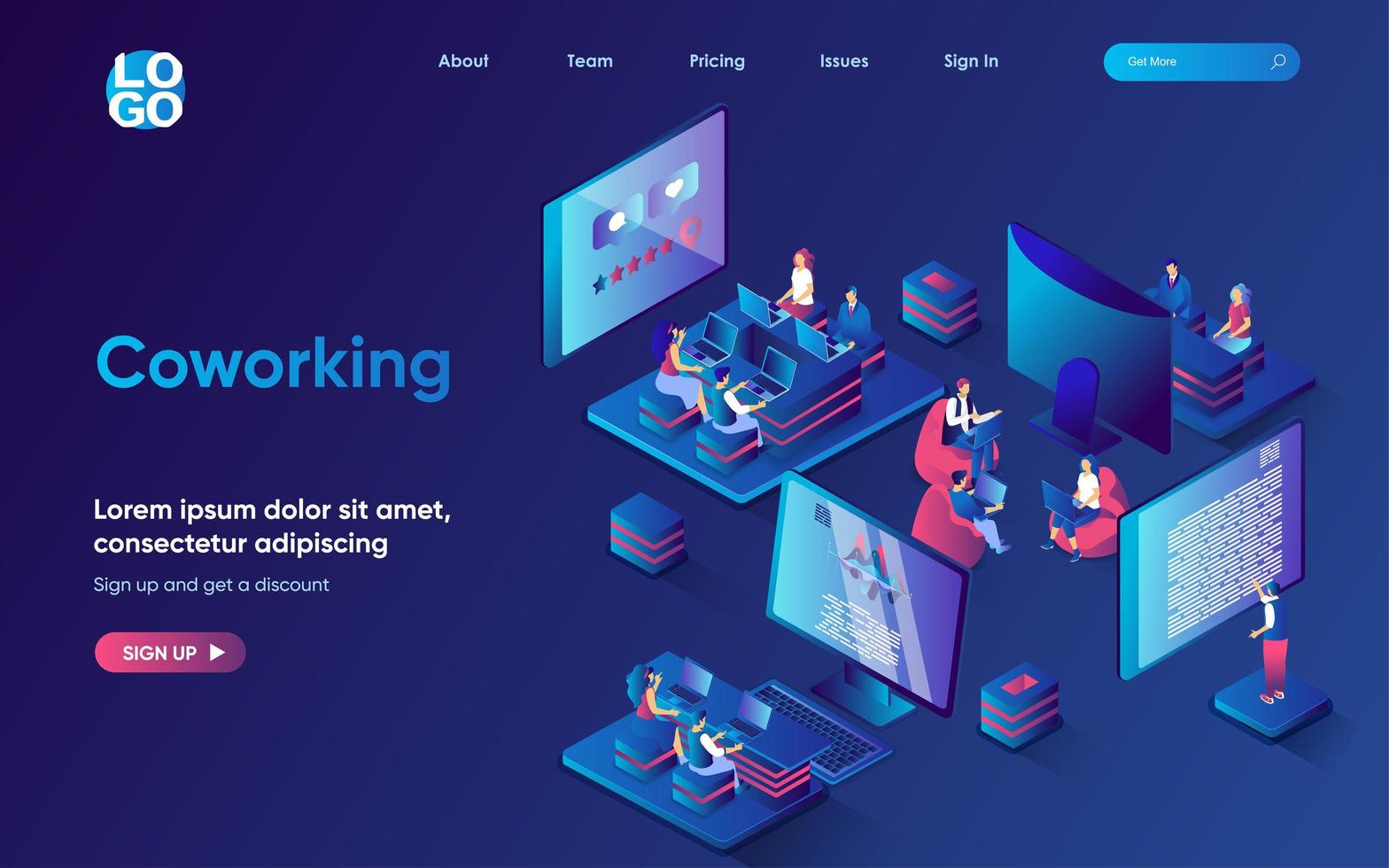 Coworking concept isometric landing page. Coworkers working on laptop in open office, employees cooperation organization, 3d web banner template. Vector illustration with people scene in flat design