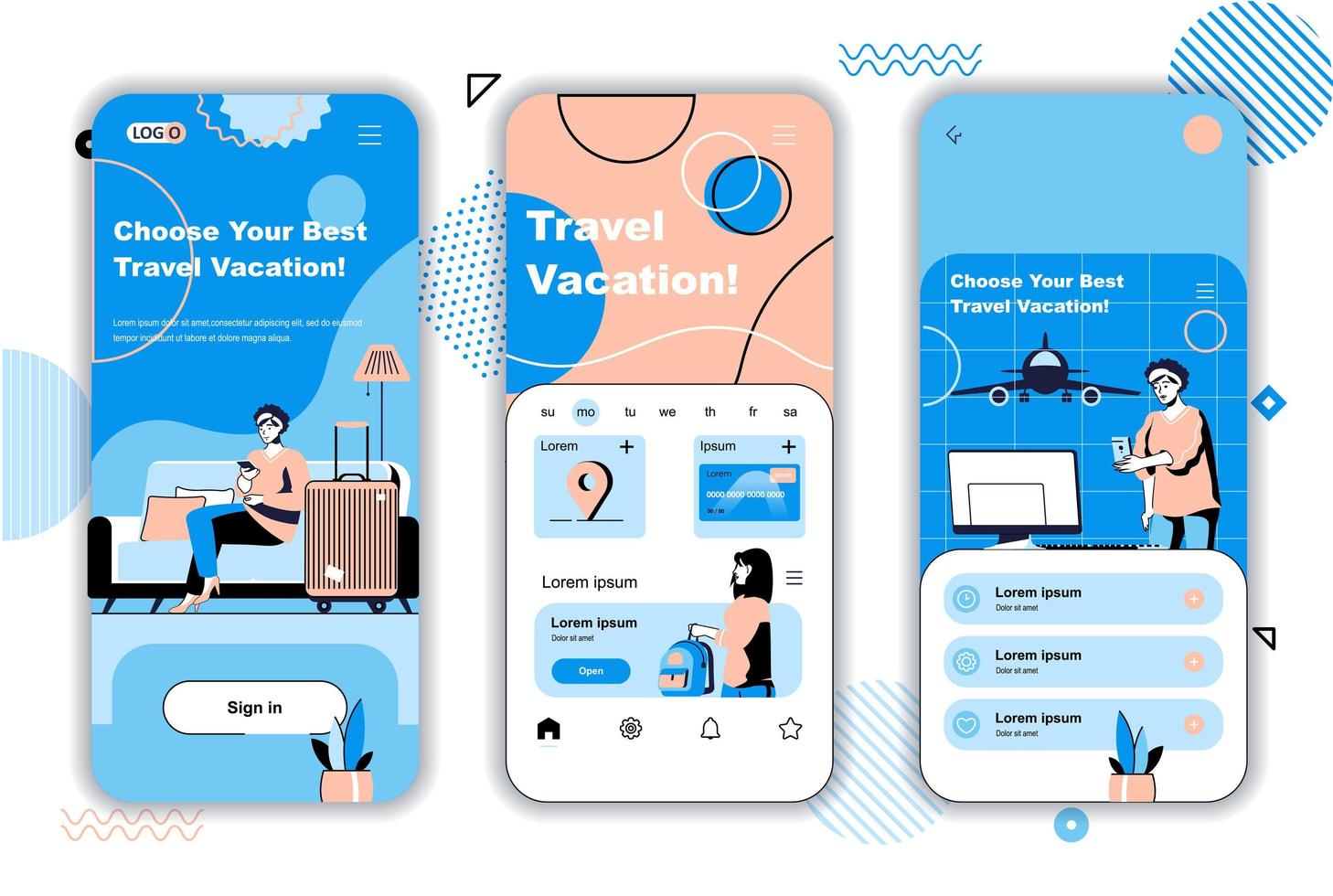 Travel vacation concept onboarding screens for mobile app templates. Travelers with luggage fly on rest trip. UI, UX, GUI user interface kit with people scenes for web design. Vector illustration