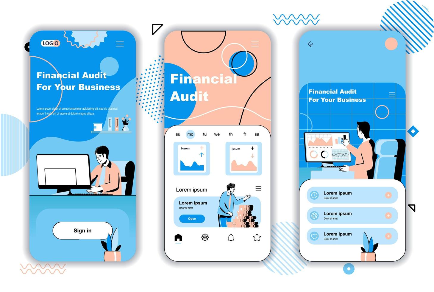 pantallas de incorporación de concepto de auditoría financiera para plantillas de aplicaciones móviles. contabilidad y cálculo de estadísticas presupuestarias. Kit de interfaz de usuario ui, ux, gui con escenas de personas para diseño web. ilustración vectorial vector