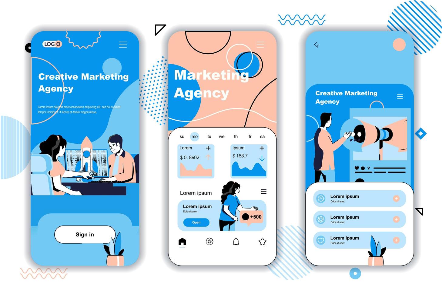 Marketing agency concept onboarding screens for mobile app templates. Advertising campaign and business promotion. UI, UX, GUI user interface kit with people scenes for web design. Vector illustration