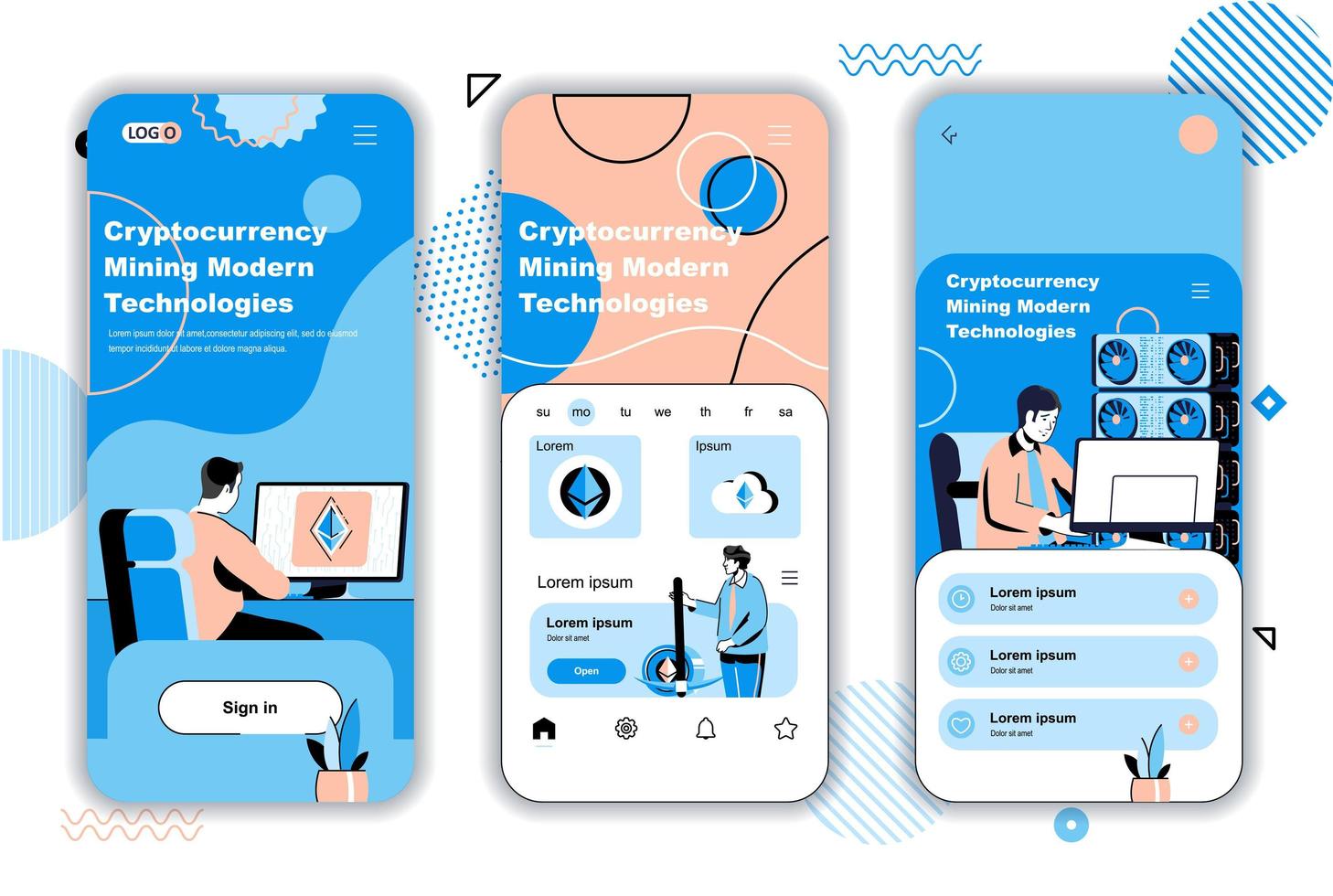 Cryptocurrency mining concept onboarding screens for mobile app templates. Crypto money exchange or transaction. UI, UX, GUI user interface kit with people scenes for web design. Vector illustration