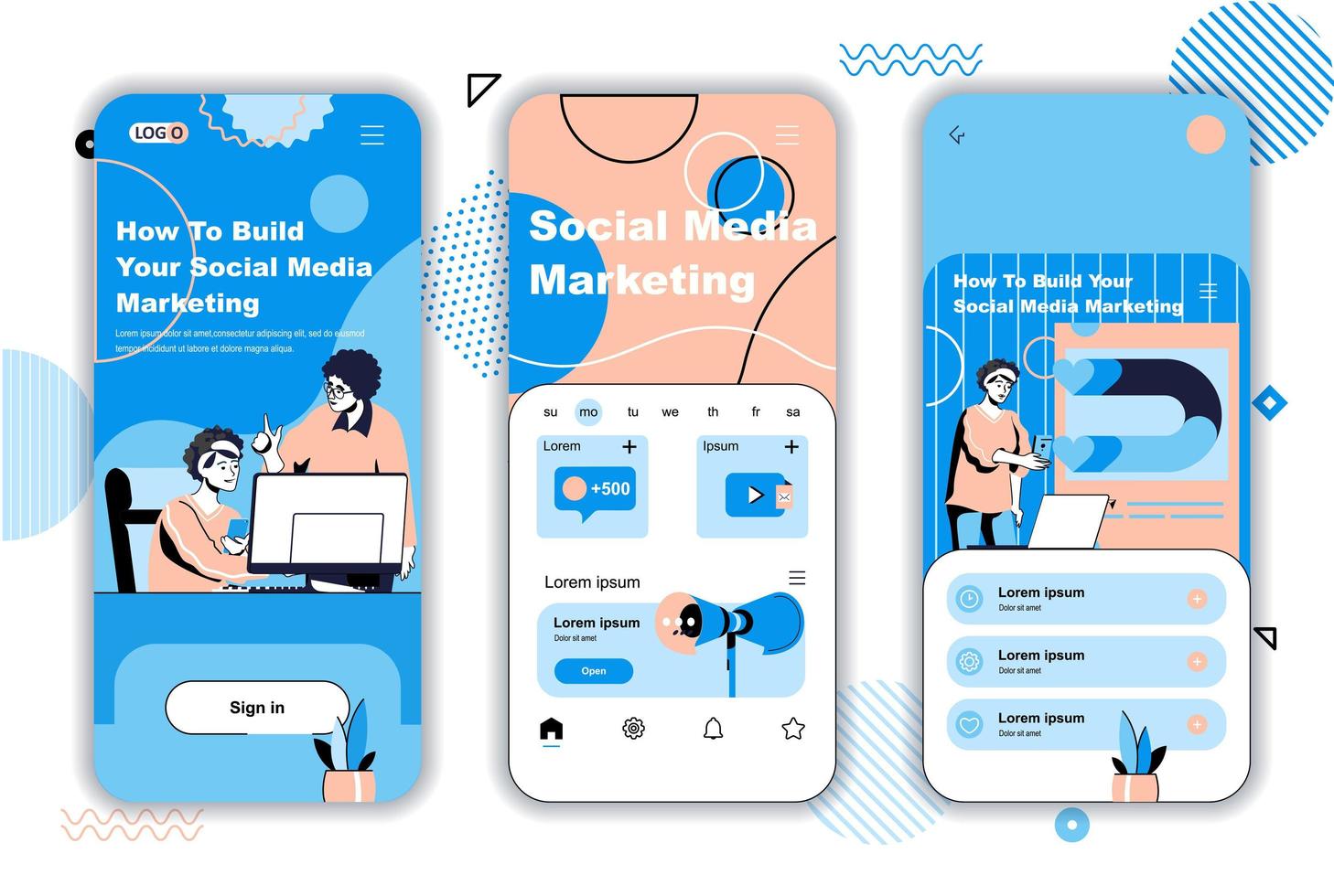 Social media marketing concept onboarding screens for mobile app templates. Success online strategy promotion. UI, UX, GUI user interface kit with people scenes for web design. Vector illustration