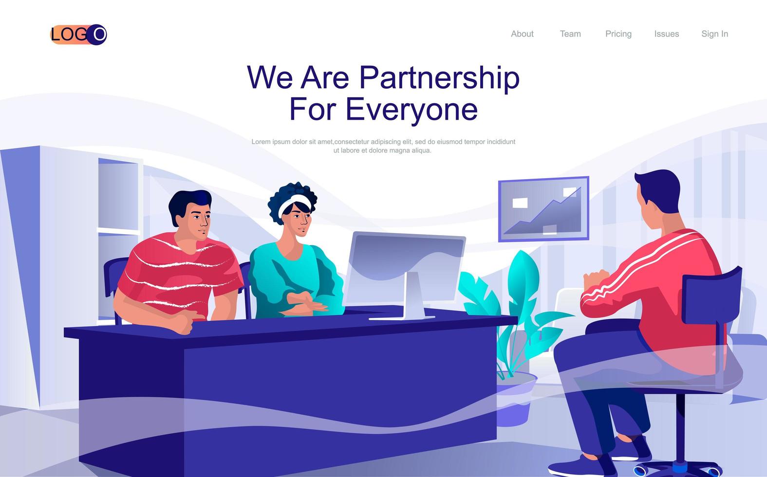 Partnership concept isometric landing page. People discuss work tasks, conclude business deal, businesspeople meeting in office, 3d web banner. Vector illustration in flat design for website template