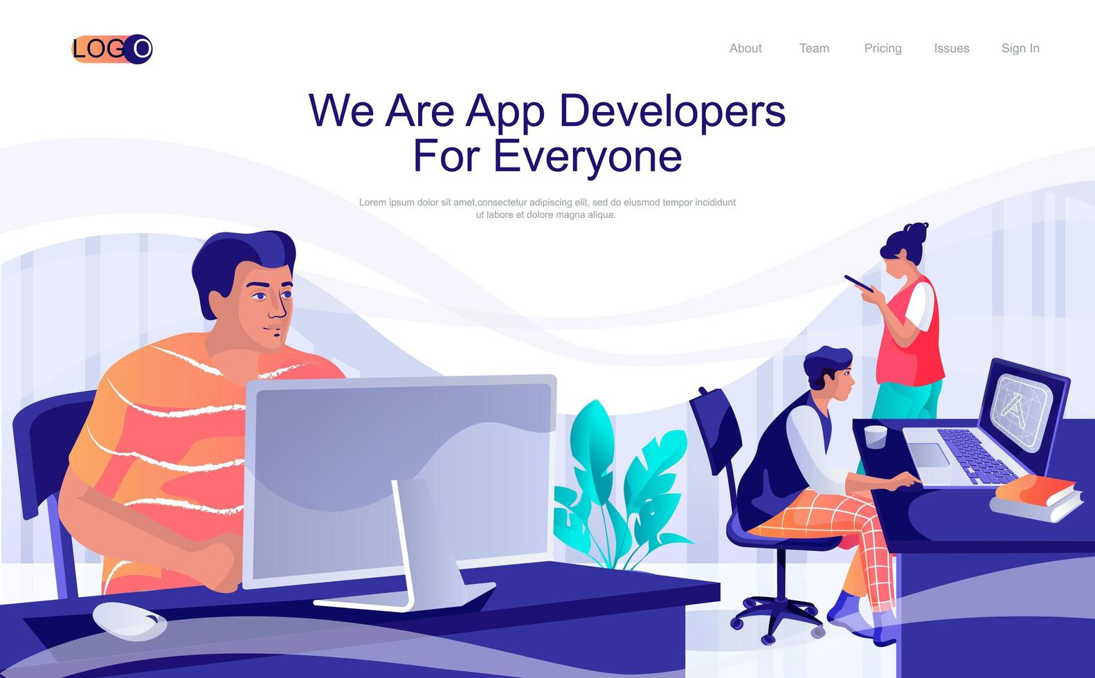 App developers concept isometric landing page. People develop software, optimization and programming on computers in office, 3d web banner. Vector illustration in flat design for website template