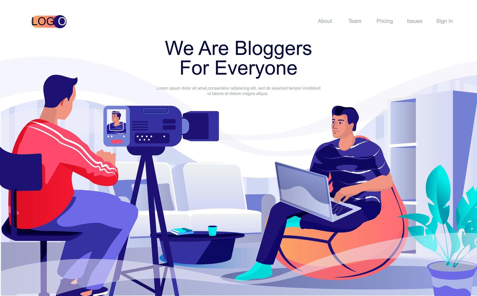 Bloggers concept isometric landing page. People recording video review on camera or doing live streaming for followers in studio, 3d web banner. Vector illustration in flat design for website template