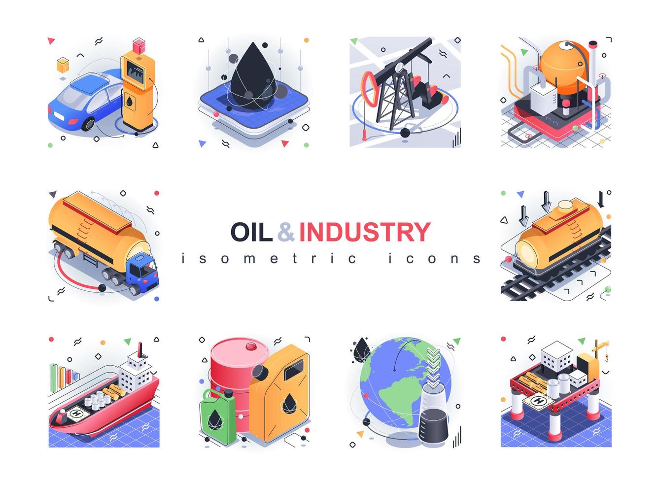 Conjunto de iconos isométricos de la industria petrolera. extracción y transporte de petróleo, gas y gasolina, estación de servicio, sistema energético global paquete aislado de isometría 3d. elementos isométricos de ilustración vectorial vector