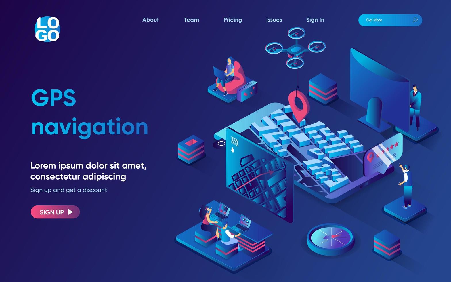 GPS navigation concept isometric landing page. Online tracking on the city map, transportation and routing with app, 3d web banner template. Vector illustration with people scene in flat design