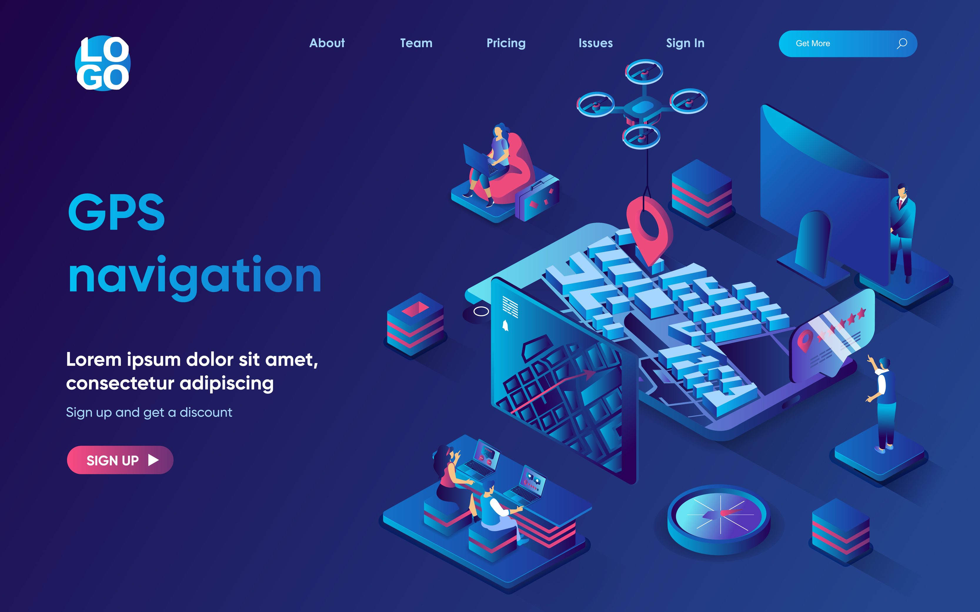 GPS navigation concept isometric landing page. Online tracking on the city map, transportation and routing with app, 3d web banner Vector illustration with people scene in flat design 4946781 Vector Art