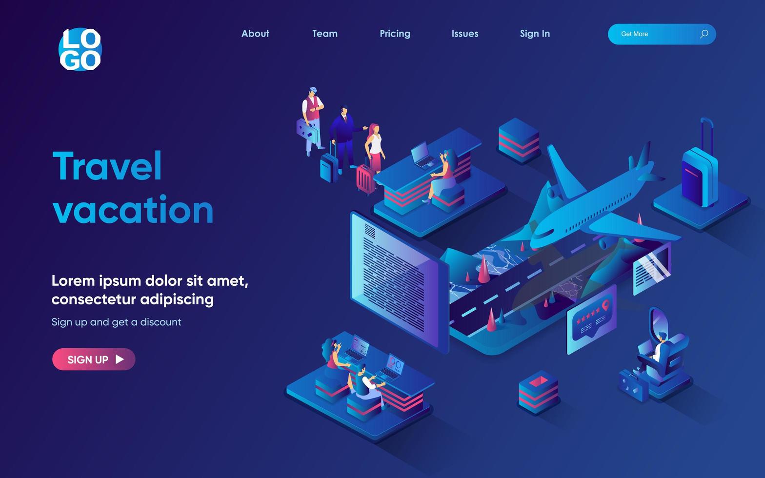 Travel vacation concept isometric landing page. Travelers with luggage go control at airport and fly by plane on journey, 3d web banner template. Vector illustration with people scene in flat design