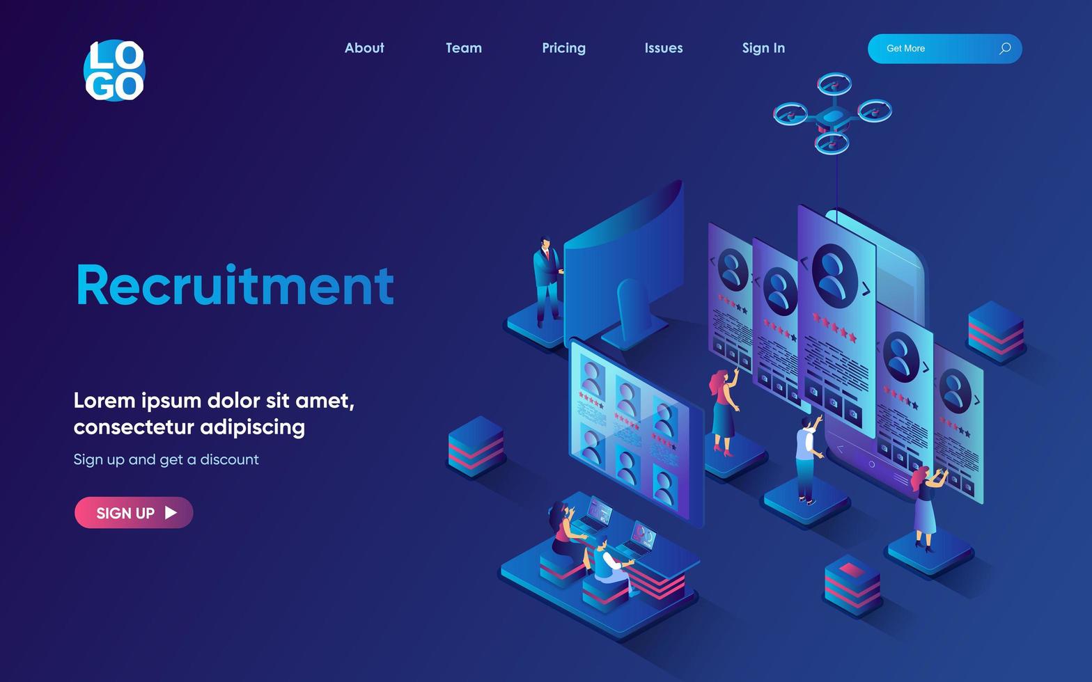 Recruitment concept isometric landing page. HR managers review resumes and select candidates for vacancy, human resources, 3d web banner template. Vector illustration with people scene in flat design