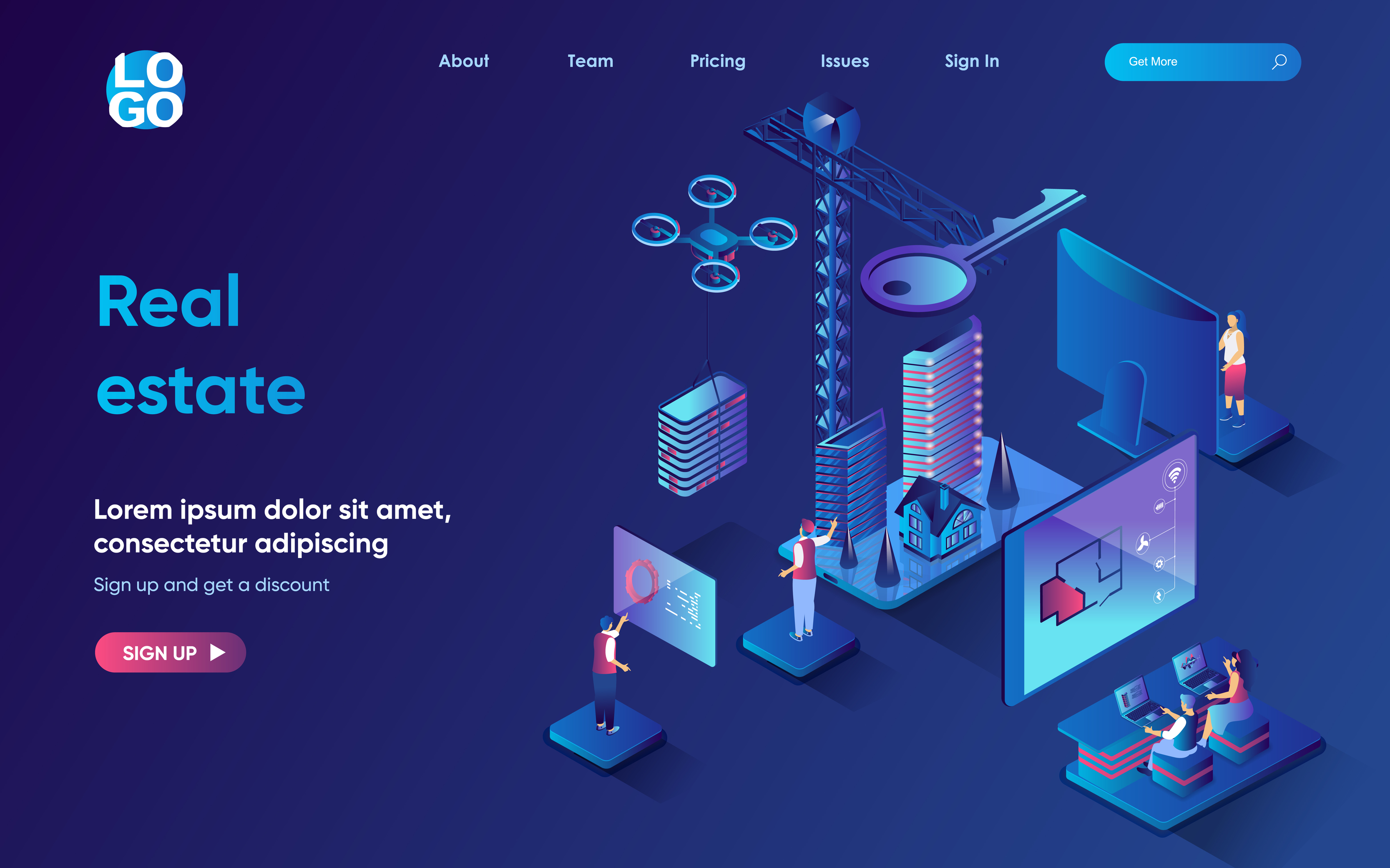 Real estate concept isometric landing page. Construction company
