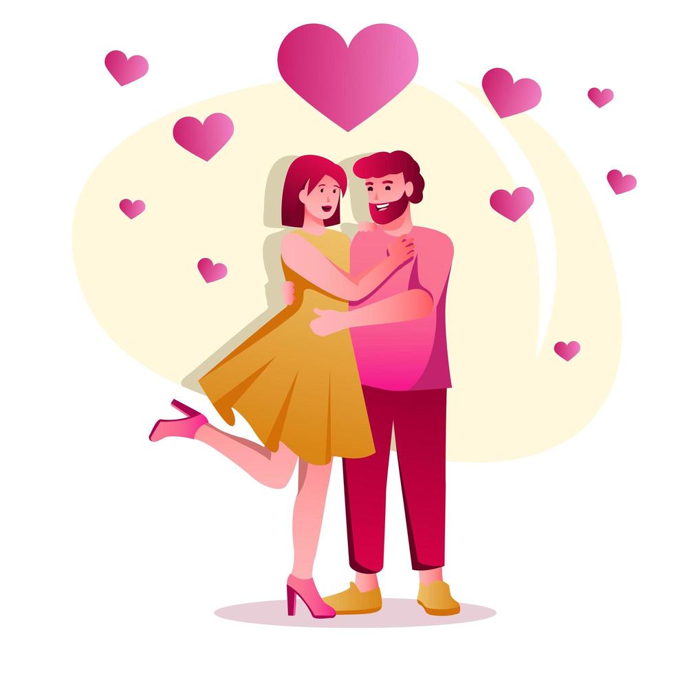 Couple happy together flat character concept for web design. Lovers man and woman hugs on romantic date, relationship modern people scene. Vector illustration for social media promotional materials.