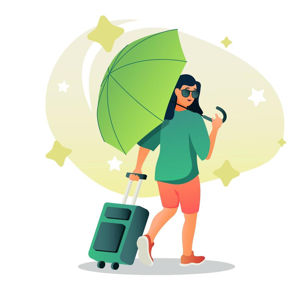 mujer con paraguas y maleta concepto de carácter plano para diseño web. joven caminando con equipaje, viajando escena de gente moderna. ilustración vectorial para materiales promocionales de redes sociales. vector