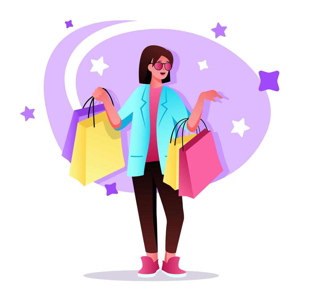 Happy woman shopping flat character concept for web design. Young girl with bags makes purchases, buyer in store, modern people scene. Vector illustration for social media promotional materials.