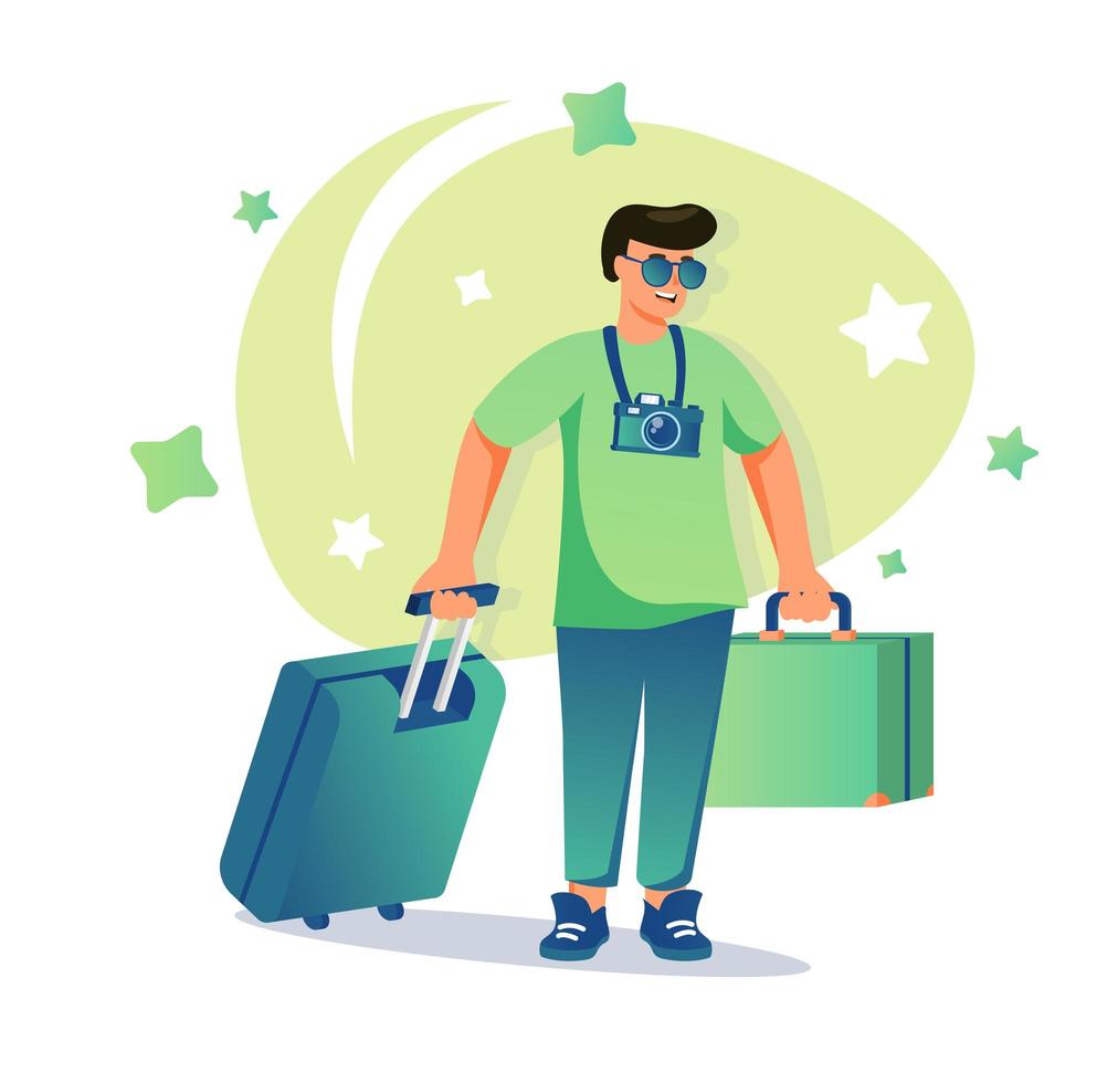 viajero con concepto de personaje plano de equipaje para diseño web. Hombre feliz con maletas en viajes de vacaciones, escena de gente moderna. ilustración vectorial para materiales promocionales de redes sociales. vector