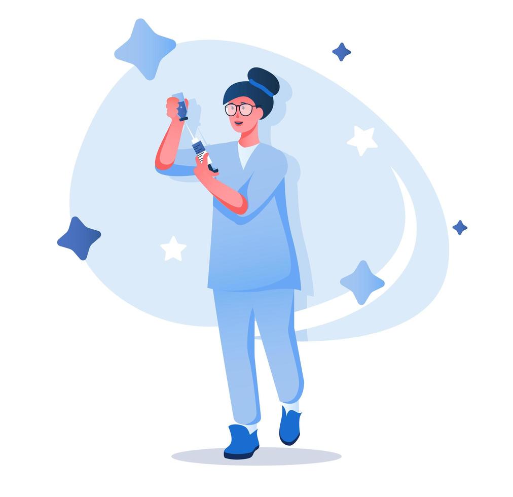 enfermera con concepto de carácter plano de jeringa para diseño web. mujer en uniforme trabaja en clínica médica, asistente médico, escena de gente moderna. ilustración vectorial para materiales promocionales de redes sociales. vector