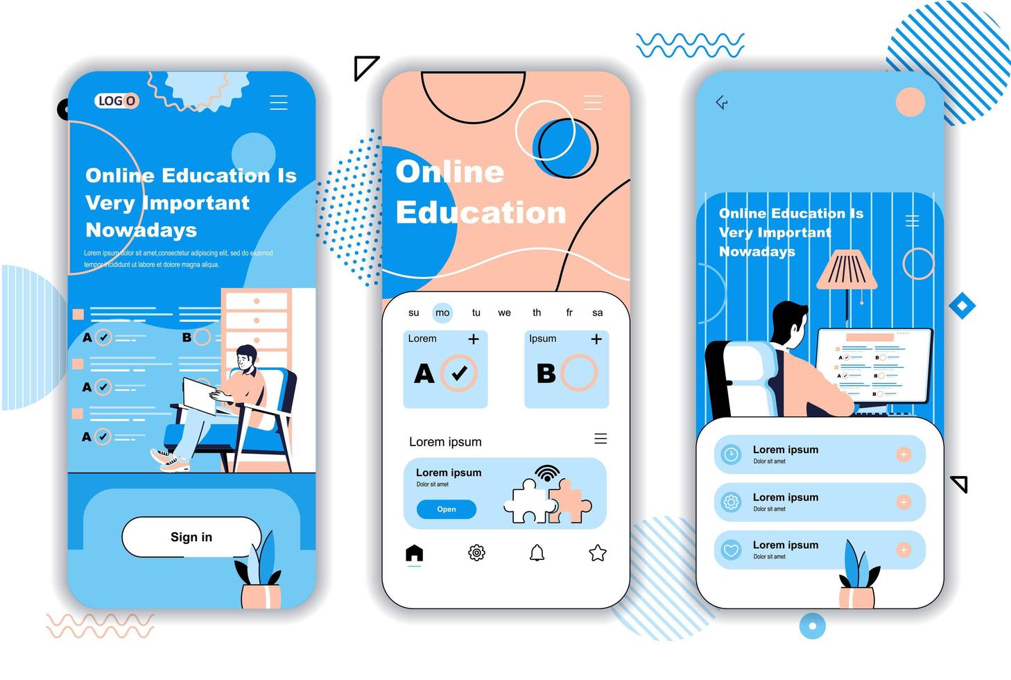 Online education concept onboarding screens for mobile app templates. Video courses, e-learning, distance study. UI, UX, GUI user interface kit with people scenes for web design. Vector illustration