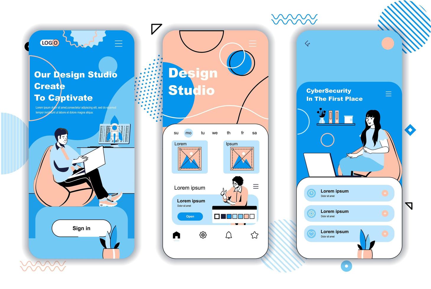 Design studio concept onboarding screens for mobile app templates. Designers team drawing and working in studio. UI, UX, GUI user interface kit with people scenes for web design. Vector illustration