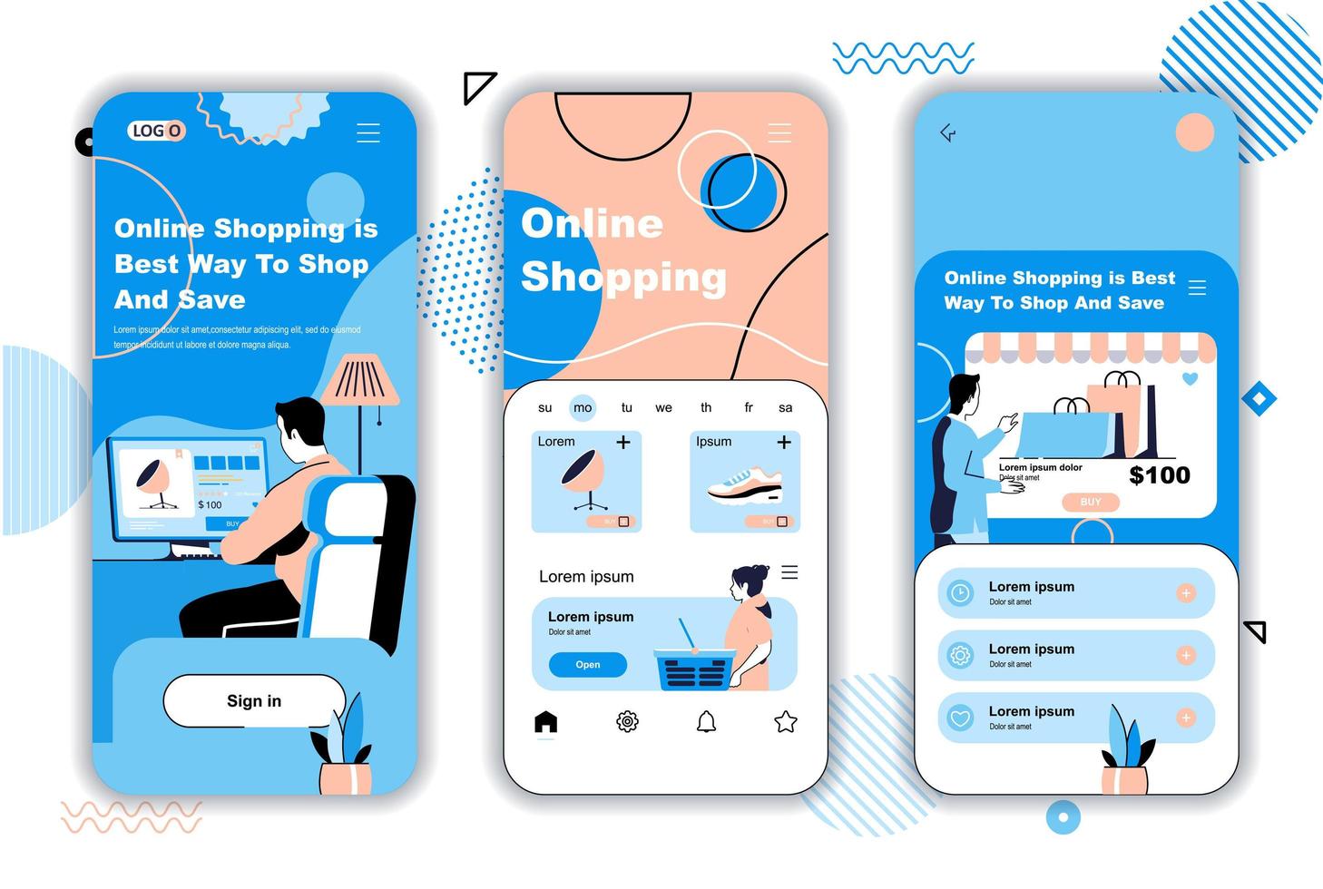 Online shopping concept onboarding screens for mobile app templates