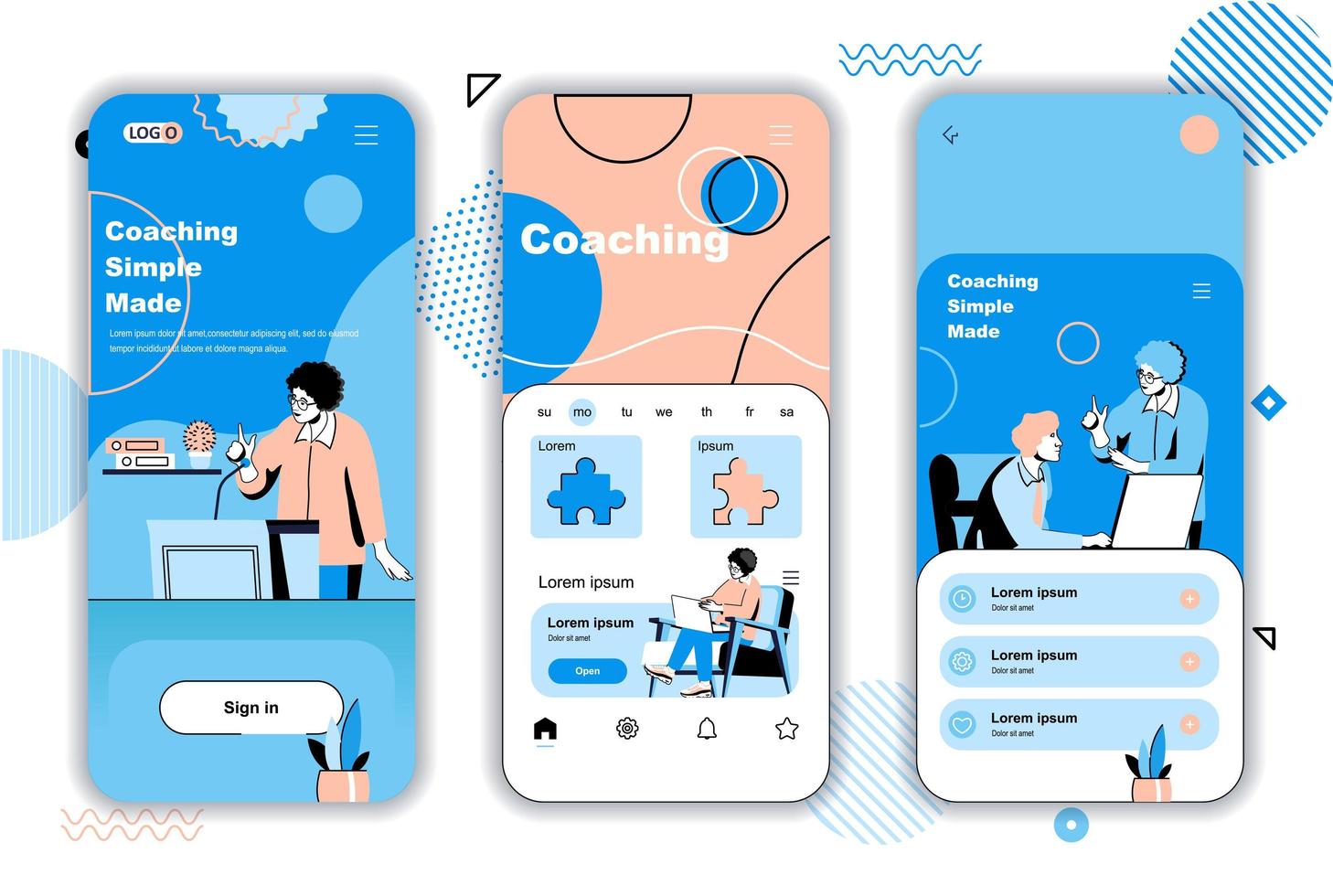 Coaching concept onboarding screens for mobile app templates. Business consultant trains, instructs and motivates. UI, UX, GUI user interface kit with people scenes for web design. Vector illustration