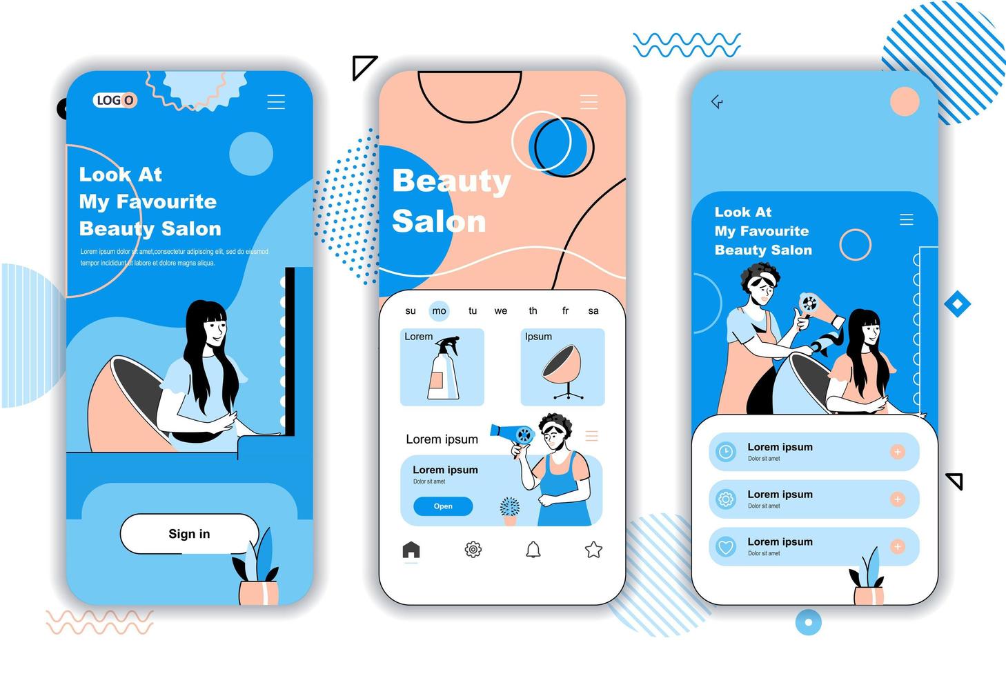 Beauty salon concept onboarding screens for mobile app templates. Hairdresser makes haircut, hair care procedures. UI, UX, GUI user interface kit with people scenes for web design. Vector illustration