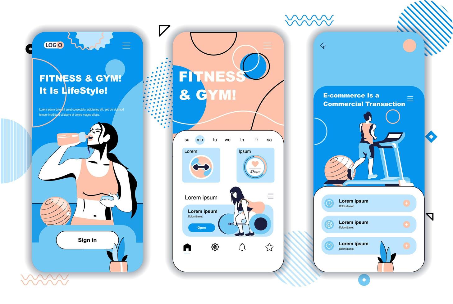 Fitness and gym concept onboarding screens for mobile app templates. Athletes do exercise and workout activity. UI, UX, GUI user interface kit with people scenes for web design. Vector illustration