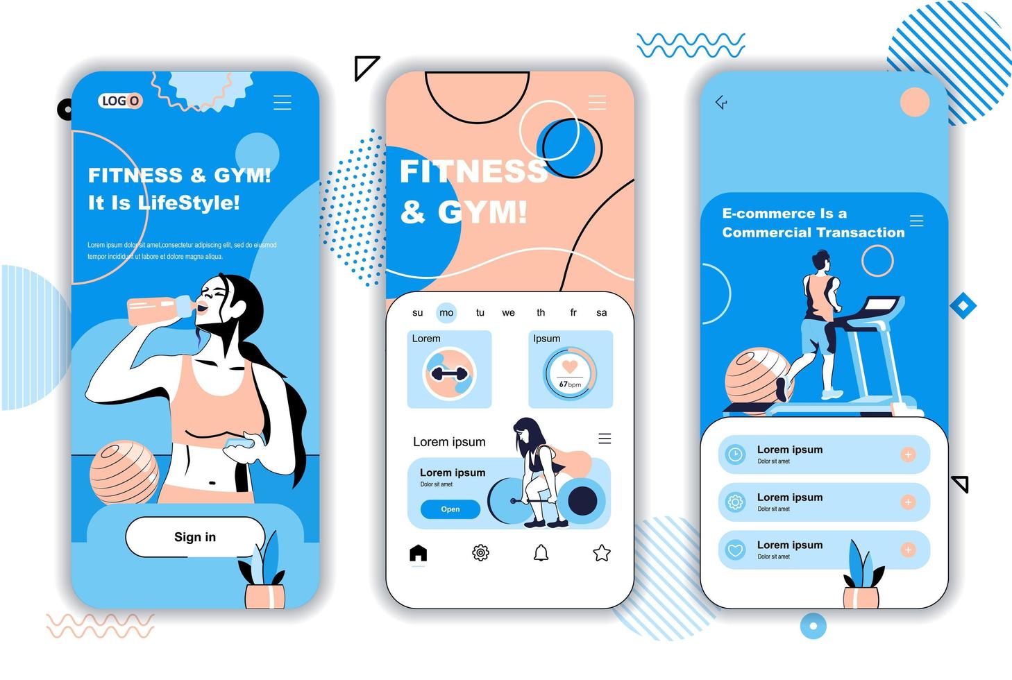 Fitness and gym concept onboarding screens for mobile app templates