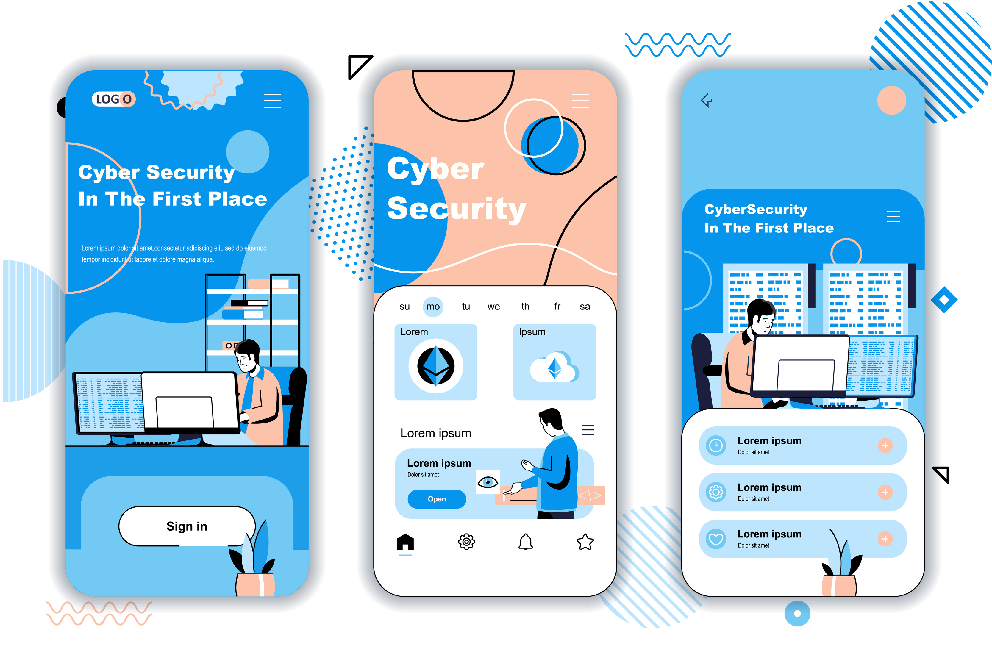 Cyber security concept onboarding screens for mobile app templates