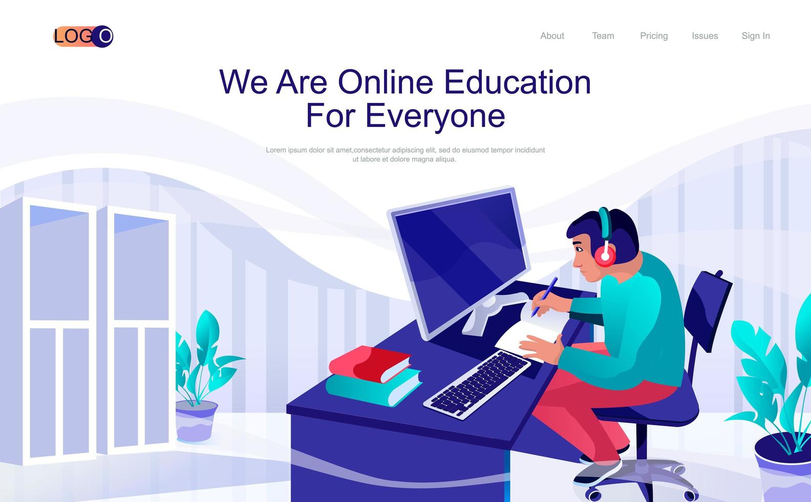 Online education concept isometric landing page. Student watches video lesson, remote learning from home, 3d web banner with people scene. Vector illustration in flat design for website template