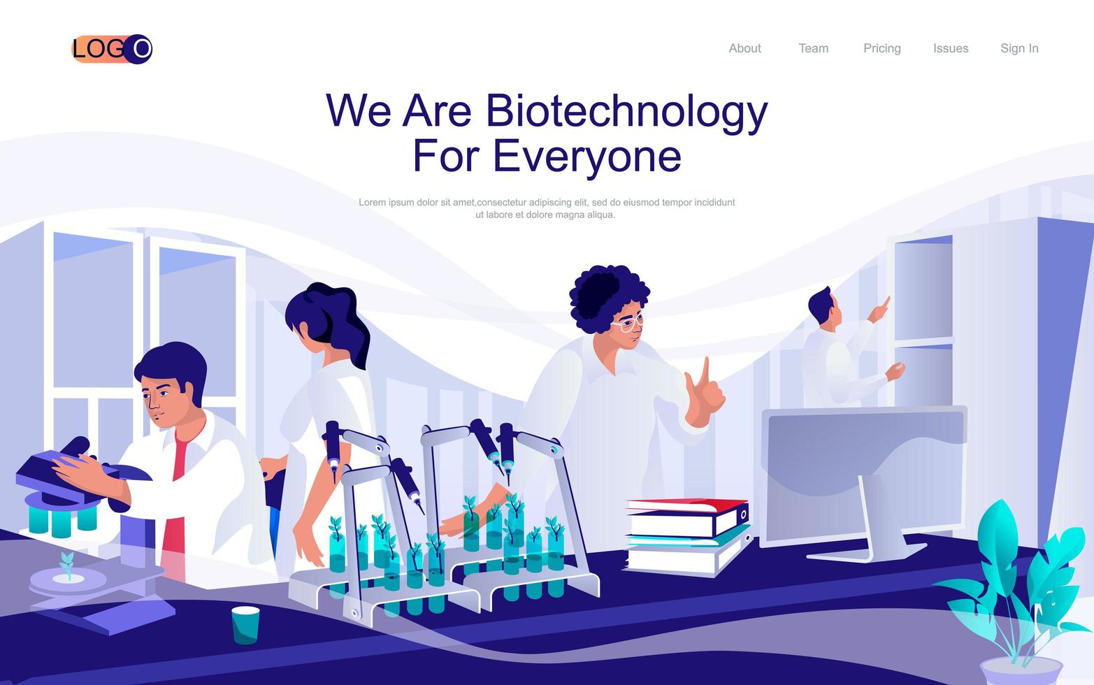 Biotechnology concept isometric landing page. People working with microscopes and doing research or tests in science laboratory, 3d web banner. Vector illustration in flat design for website template