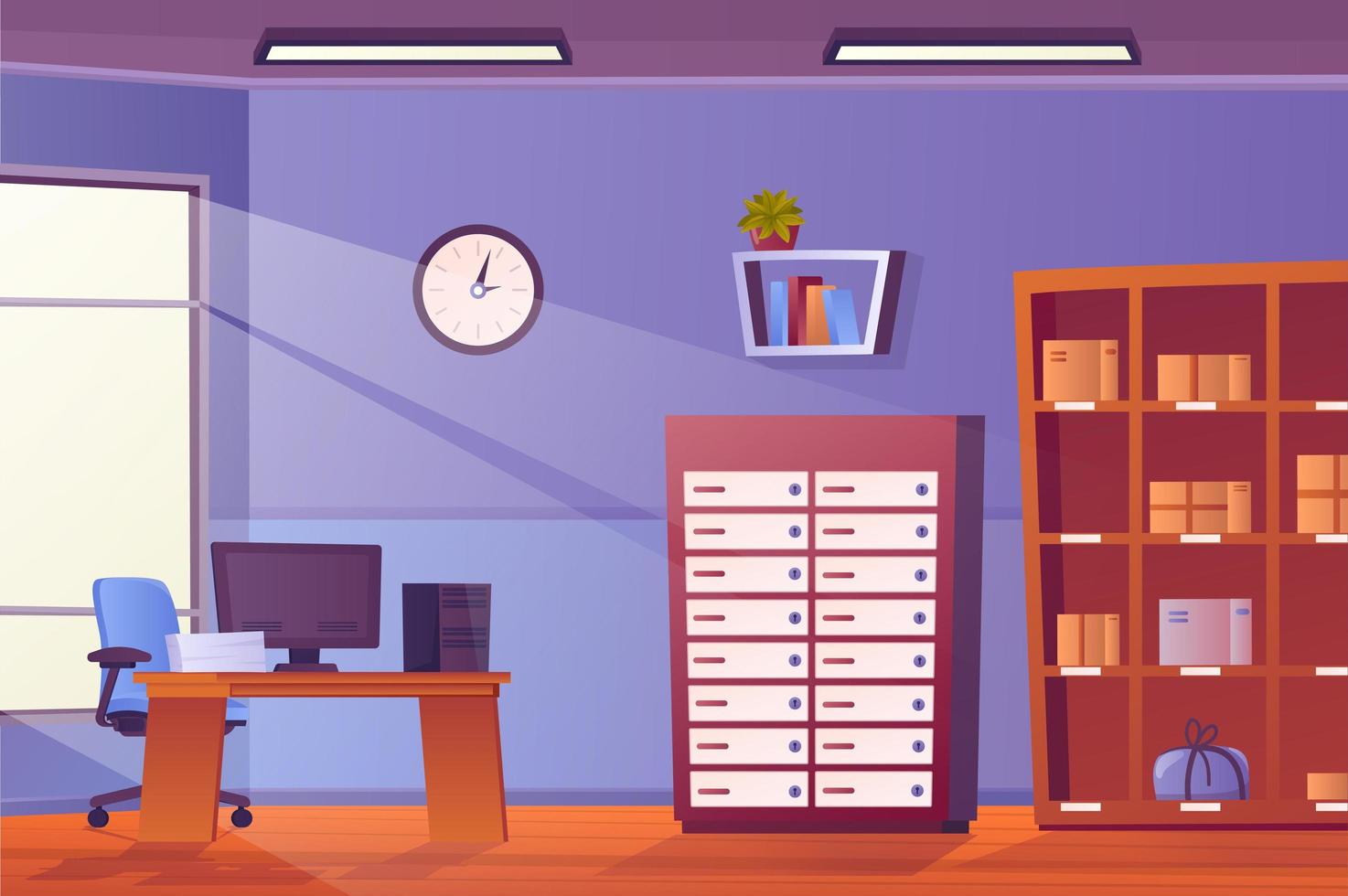 Workplace at office interior concept in flat cartoon design. Room and furniture wallpaper. Desktop computer, desk with papers, armchair, cabinet, rack, bookshelf, decor. Vector illustration background
