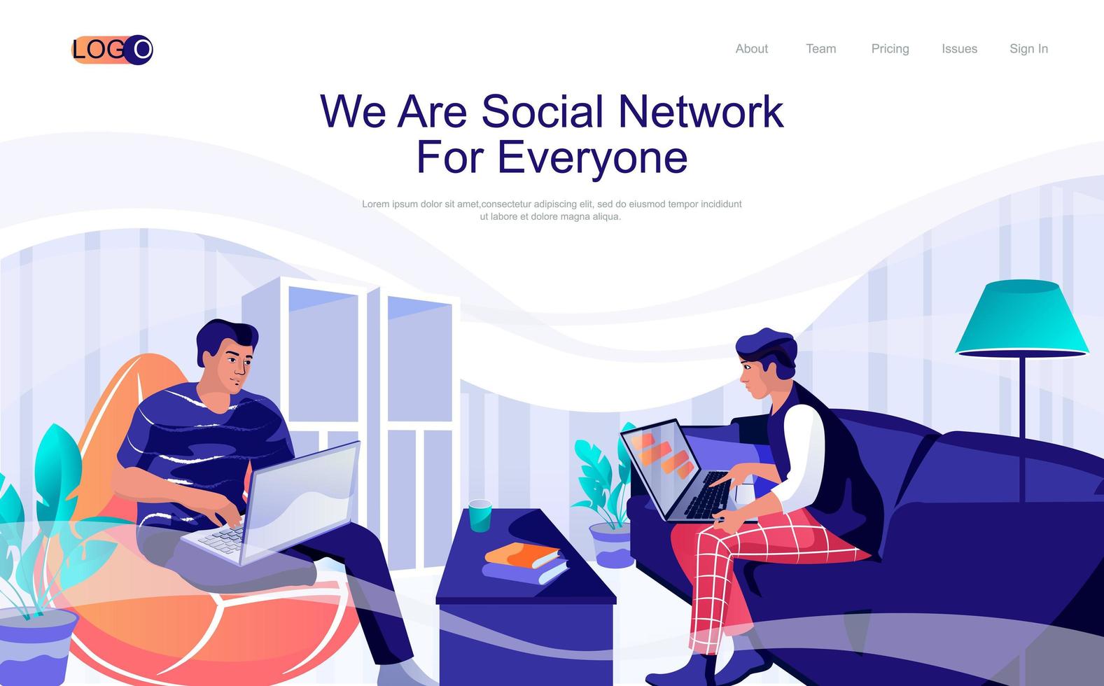 Social network concept isometric landing page. People browsing pages from laptops, online communication, likes and following, 3d web banner. Vector illustration in flat design for website template